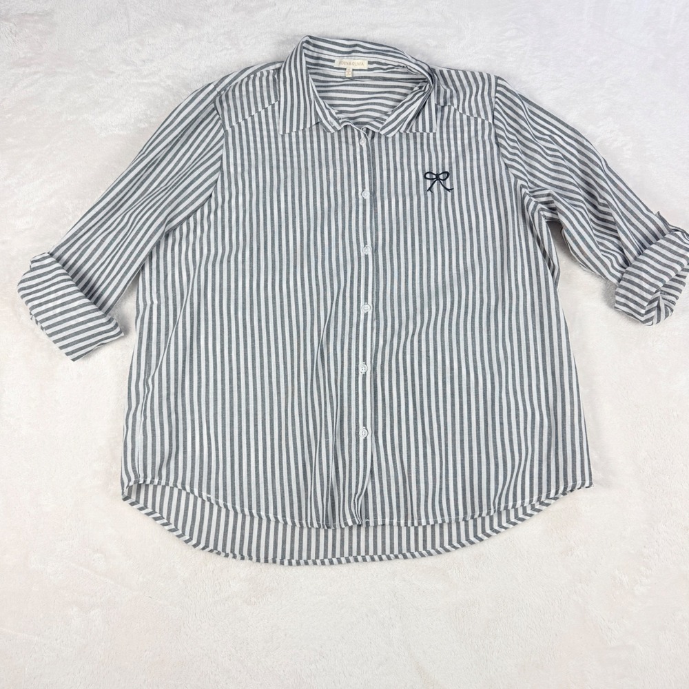 Eden & Olivia Striped Button Down Shirt Womens XL Embroidered Bow Roll Sleeve